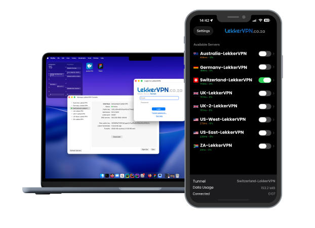 LekkerVPN app on desktop and mobile